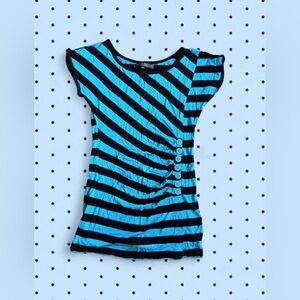 Black & Bright Teal Striped Button Accent Top